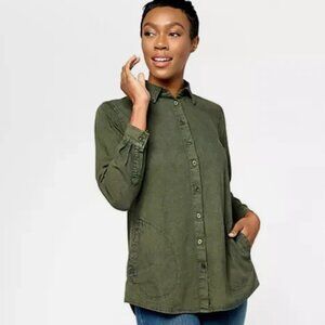 Joan Rivers Vintage Washed Denim Shirt with Pockets-Olive Wash-Small-NEW-A606113